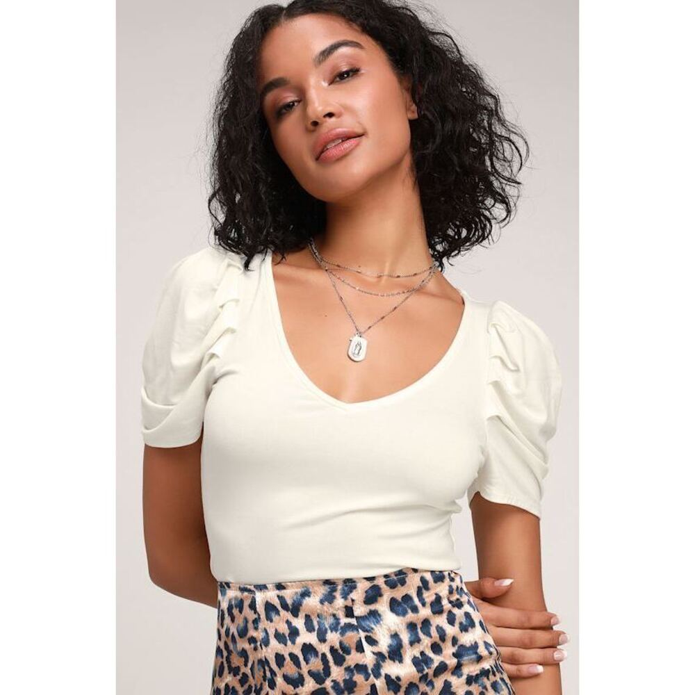 TWO Lulus Esme White Puff Sleeve Tops - Picture 3 of 7